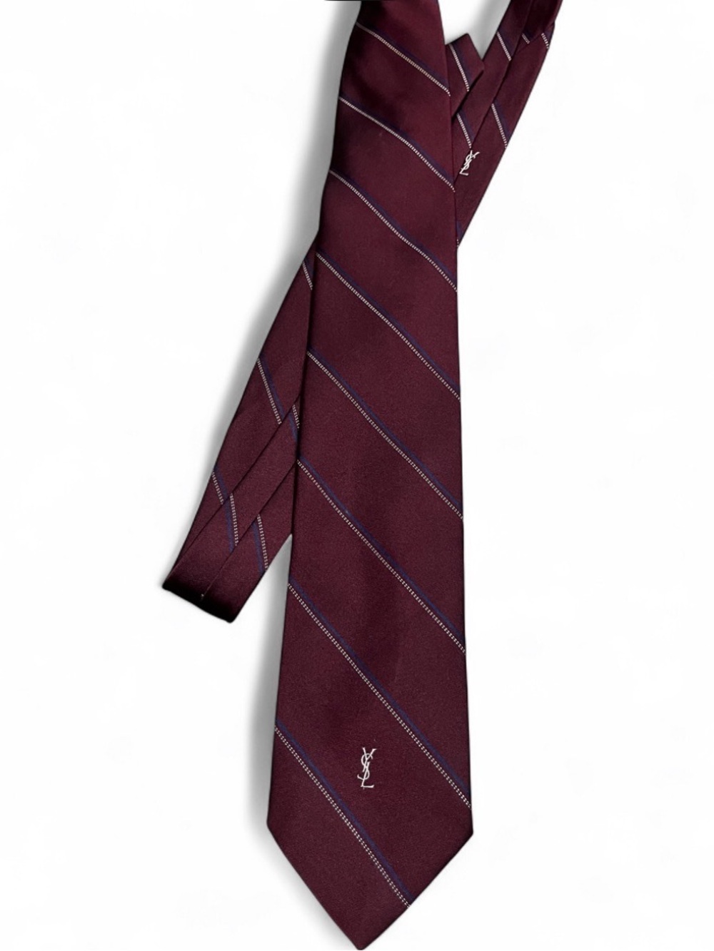 Vintage Yves Saint Laurent Burgundy Stripe Silk Tie Embroidered Classic YSL Logo